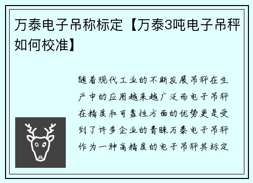 万泰电子吊称标定【万泰3吨电子吊秤如何校准】